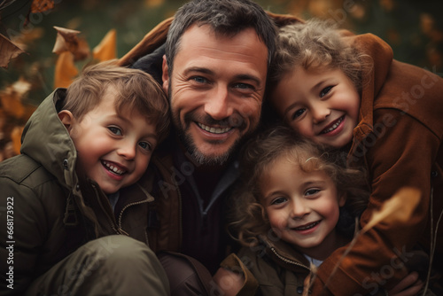 Close-Up Portrait of Father with Three Smiling Children in Autumn Forest