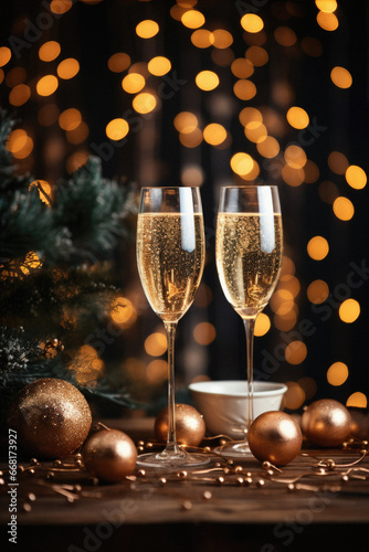 Two glasses of champagne and christmas decoration on bokeh background.