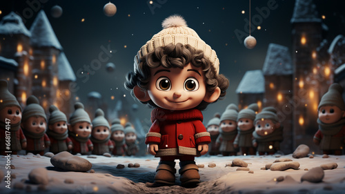 
Child surrounded by Santa Claus gnomes at the north pole. Illustration of a happy and smiling boy dressed in Christmas clothes and surrounded by friends and Christmas trees in a town.