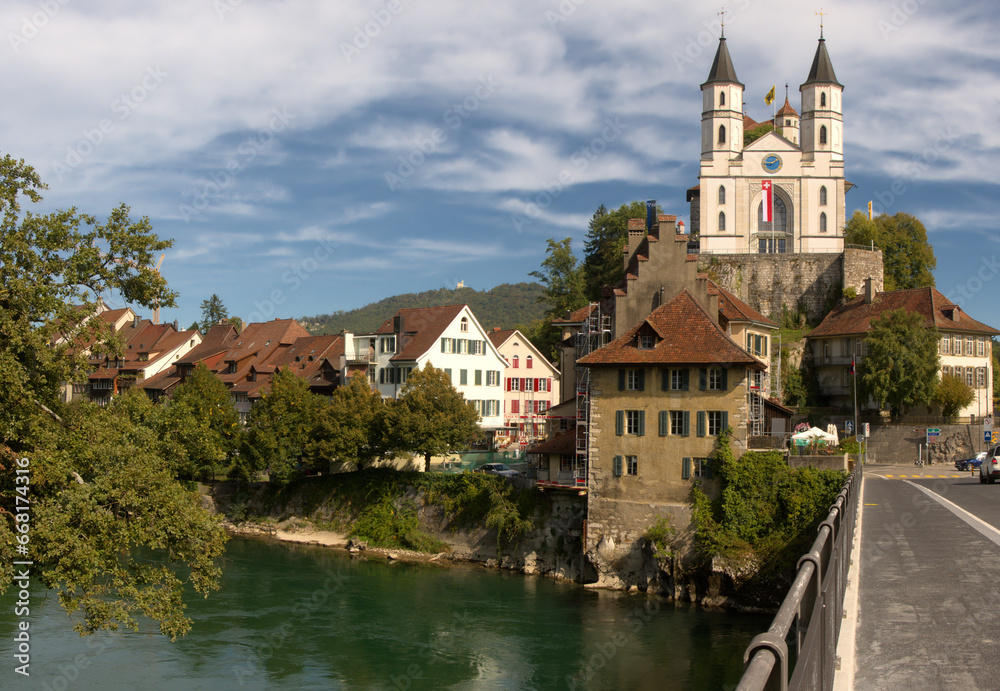 The river Aare and Evangelical church in Aarburg, Canton of Aargau