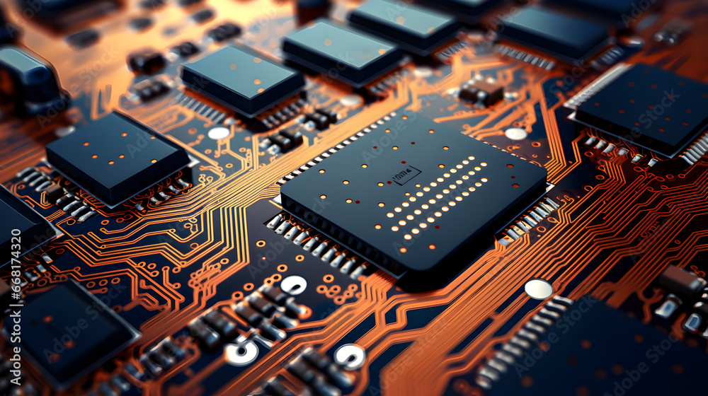 Close-up of a vibrant circuit board with microchips and electronic components, showcasing the intricate design of modern technology.