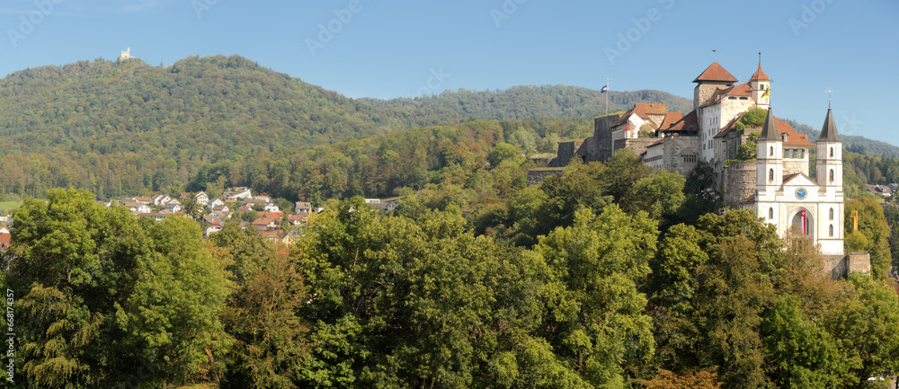 Woods around Aarau showing the castle and Evangelical church, Canton of Aargau