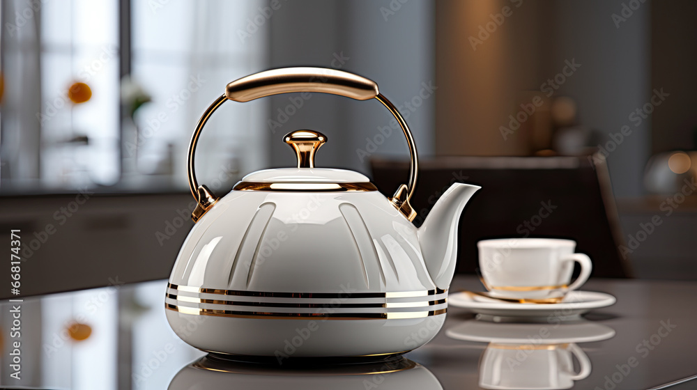 a white tea kettle on a kitchen table a white tea kettle on a kitchen table