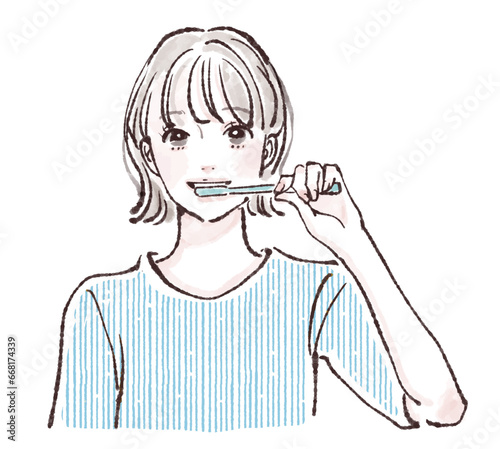 歯磨き/歯ブラシ/歯を磨く女性/ブラッシング/オーラルケア/歯医者/ホワイトニング/ハミガキ/口臭/虫歯/虫歯予防/歯石/歯槽膿漏/フッ素/歯ブラシ/歯磨き粉/歯の黄ばみ/歯科医院/歯列矯正/女性のイラスト素材（ベクター / jpg / png )