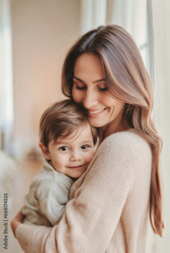 immagine primo piano di giovane donna con in braccio un bambino, interno luminoso e accogliente immagine primo piano di giovane donna con in braccio un bambino, interno luminoso e accogliente