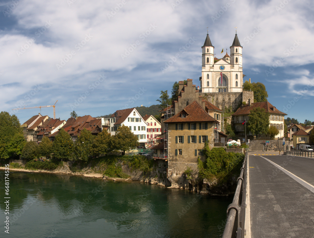 River Aare and the Evangelical church in Aarburg, Canton of Aargau