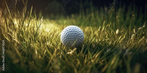 A golf ball sitting on top of a vibrant and well-maintained green field. Perfect for sports enthusiasts and golf-related projects
