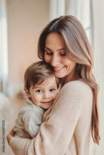 immagine primo piano di giovane donna con in braccio un bambino, interno luminoso e accogliente