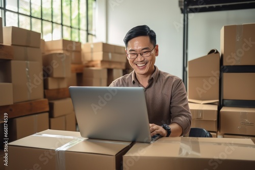 Online store seller during an online video call with a buyer. Smiley middle aged Asian man sits in front of laptop monitor in a warehouse of products during online video call with a customer.