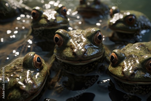 A group of frogs sitting on top of a body of water. This picture can be used to depict nature, wildlife, or the concept of community and unity