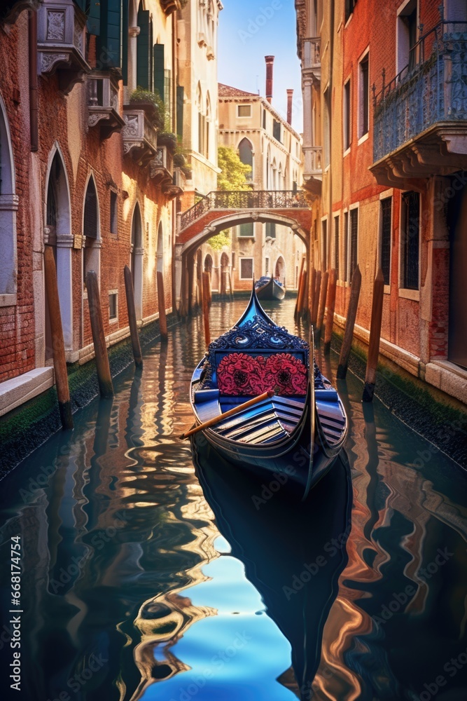 A gondola is seen floating in the middle of a canal, with beautiful buildings in the background.