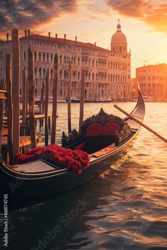 A serene image of a gondola peacefully floating in the middle of a body of water. © Fotograf