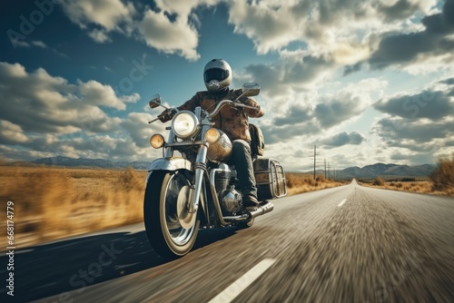 A man is seen riding a motorcycle down the middle of a road. This image can be used to depict the thrill of motorcycle riding or to illustrate concepts of transportation and adventure © Fotograf
