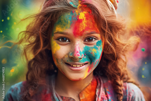 The portrait of an happy Indian, Latina woman in Holi festival or a color festival on a blurry glare light and colorful background, Generative AI.