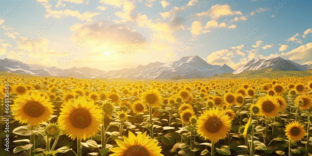 A picturesque field of sunflowers with majestic mountains in the background. Perfect for nature lovers and outdoor enthusiasts