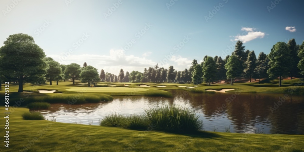 A picturesque golf course with a serene pond and beautiful trees in the background. Perfect for golf enthusiasts and nature lovers alike