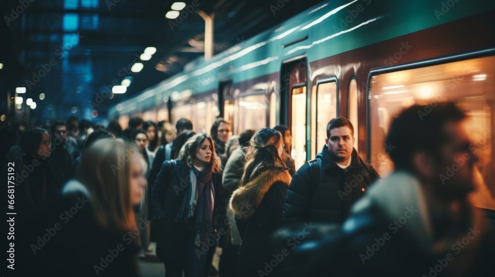 Motion blurred image of commuters on Subway Platform. Subway Commuters Engaged in Urban Travel
