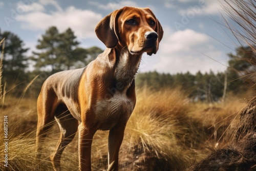 A brown dog standing in a field of tall grass. Perfect for nature or pet-related projects