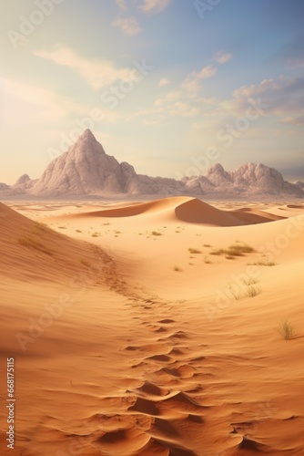 A serene desert scene with footprints in the sand. Perfect for conveying the sense of solitude and exploration. Can be used to illustrate travel  adventure  or the beauty of nature