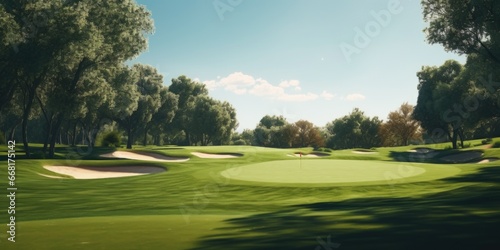 A picture of a golf course with lush green grass and sand bunkers. This image can be used to depict a golfing environment or as a background for golf-related designs