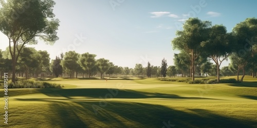 A picturesque golf course with a lush green fairway and tall trees in the background. This image can be used to represent the beauty and tranquility of playing golf in nature