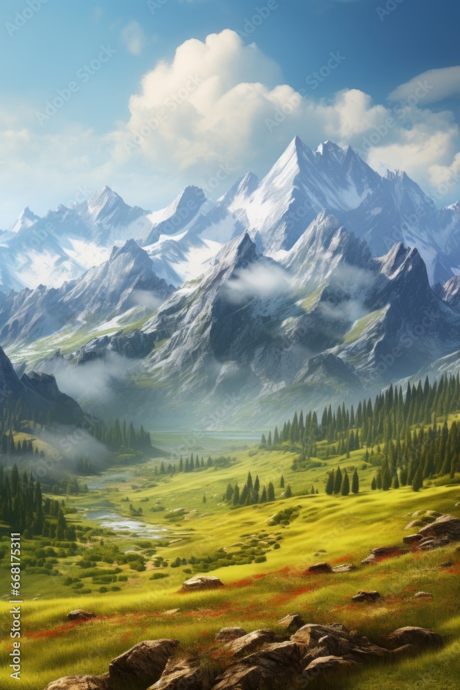 A beautiful painting depicting a mountain landscape with a captivating valley in the foreground. 