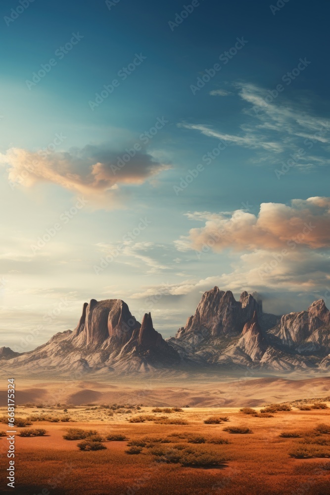 A serene image of a desert landscape with majestic mountains in the distance A serene image of a desert landscape with majestic mountains in the distance