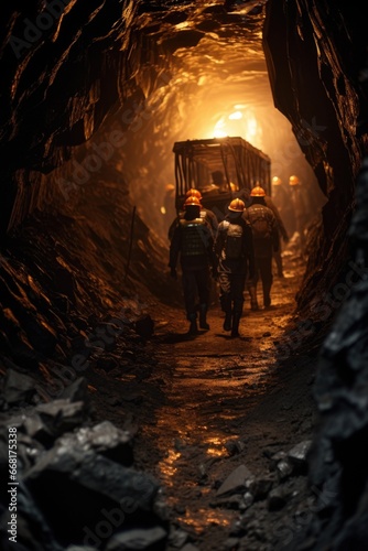 A group of men walking through a tunnel. This image can be used to depict teamwork, unity, exploration, or a journey towards a common goal.