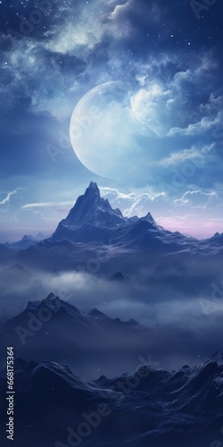 A breathtaking view of a mountain range with a full moon shining in the sky.