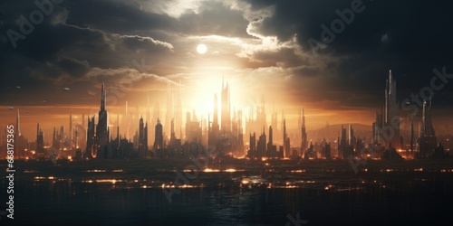 A picture of a large city with a skyline dominated by tall buildings.