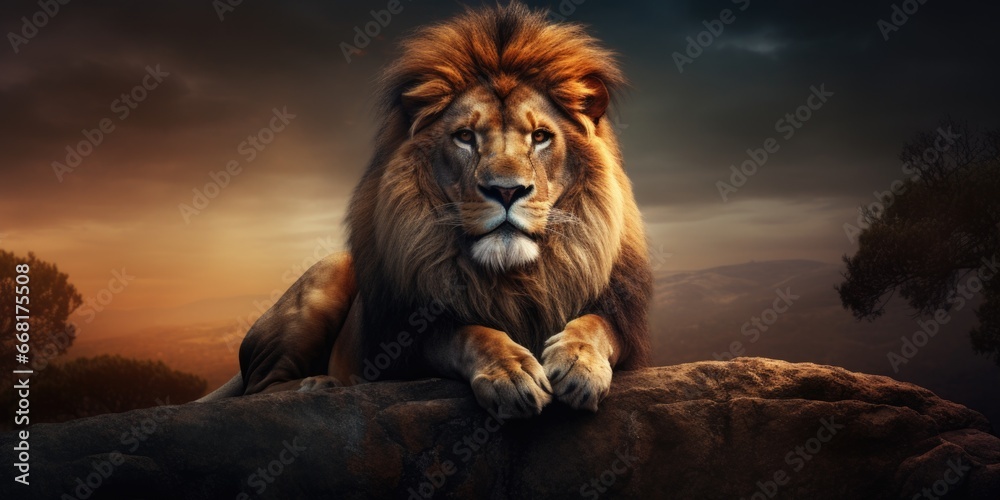 A powerful lion sitting majestically on top of a large rock.