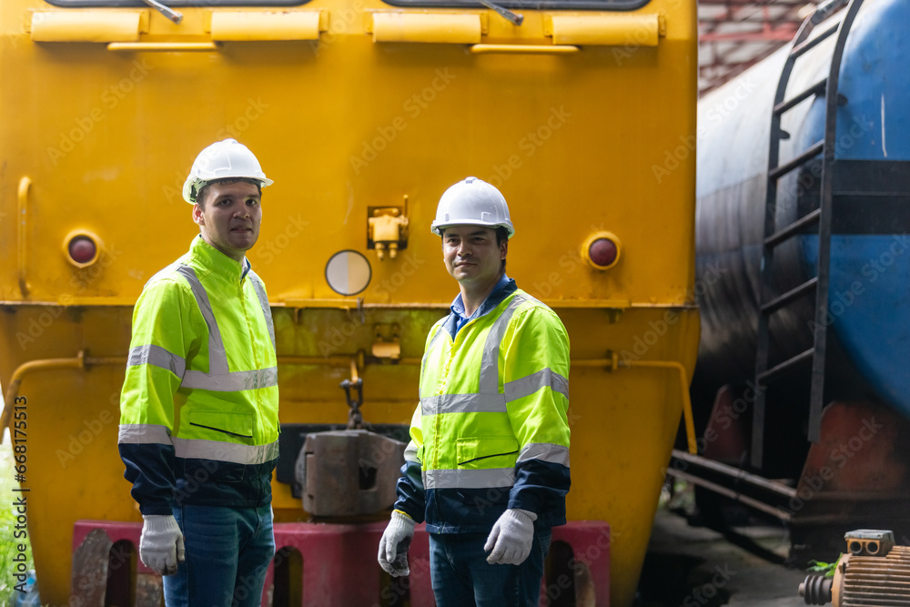 Team railway engineer Inspect repair project train diesel engine in maintenance center. Technician discuss planning checking vehicle and railroad systems. Team railway engineer Inspect repair project train diesel engine in maintenance center. Technician discuss planning checking vehicle and railroad systems.