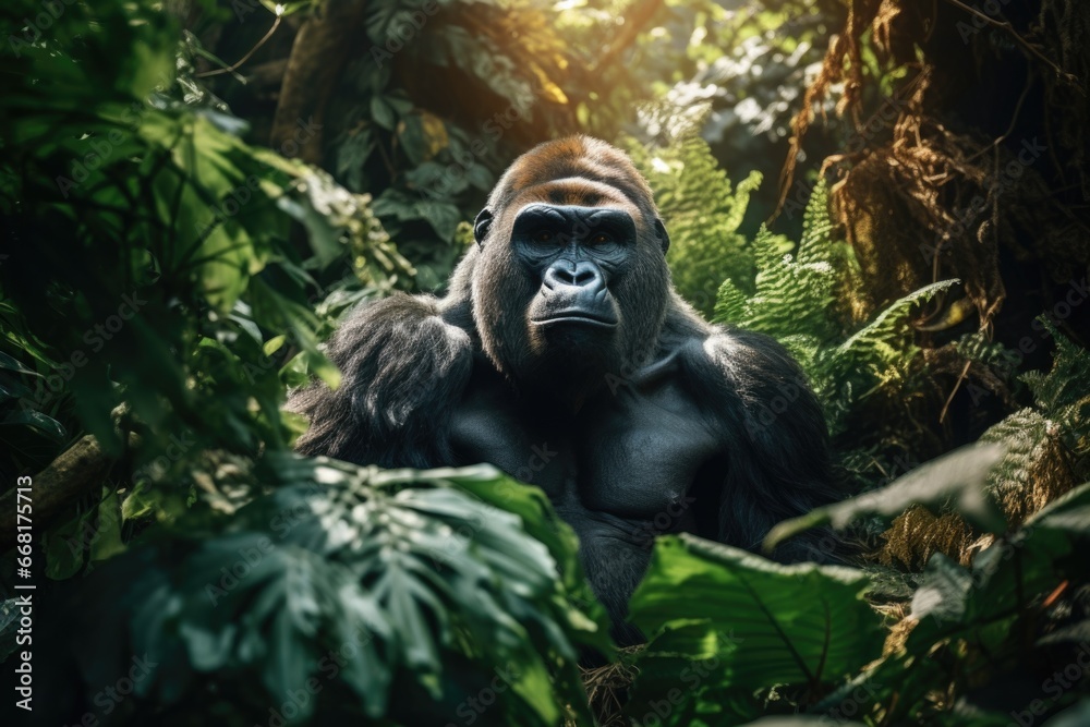 Fototapeta premium A powerful gorilla sitting calmly in the midst of a lush forest. 