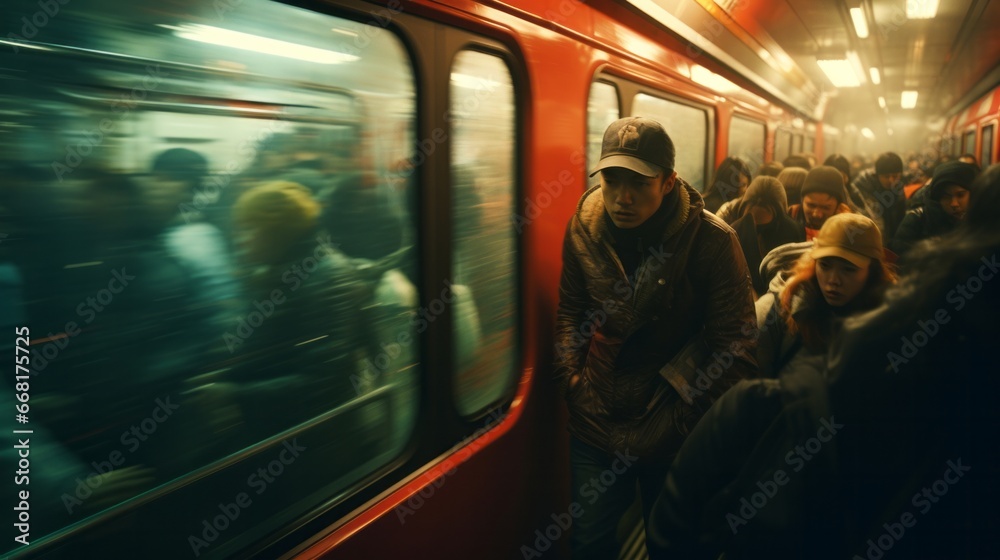 Motion blurred image of commuters on Subway Platform. Subway Commuters Engaged in Urban Travel Motion blurred image of commuters on Subway Platform. Subway Commuters Engaged in Urban Travel