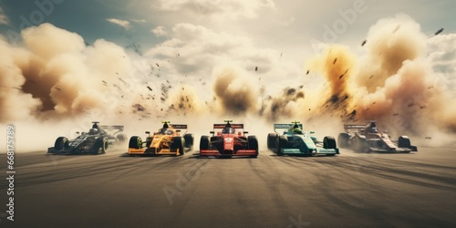 A dynamic image capturing a group of racing cars speeding on a track.