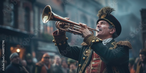 A man dressed in a military uniform playing a trumpet. Perfect for patriotic events and military-themed projects.
