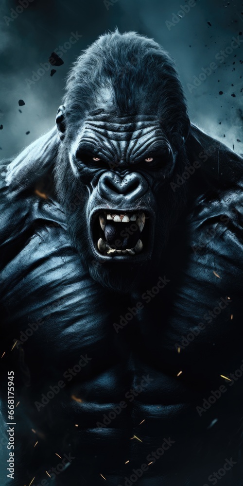 A close up view of a gorilla in a movie scene. This image captures the powerful presence and intensity of the gorilla. Perfect for film enthusiasts and wildlife lovers alike.