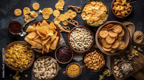 Salty snacks, party mix. An assortment of crispy appetizers in bowls on a table. Potato and tortilla chips, crackers, popcorn etc, top view, generative ai