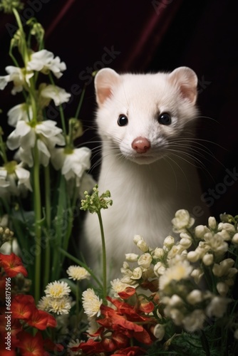 A white ferret stands in front of a bunch of beautiful flowers. This image can be used to add a touch of cuteness and nature to any project.