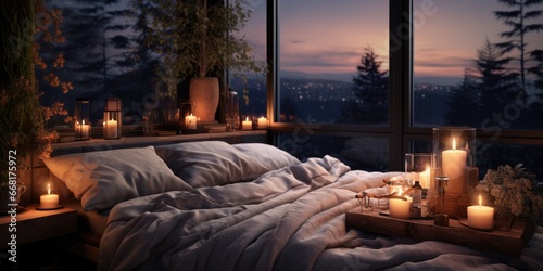 A bedroom that is designed to be both relaxing and peaceful, with a focus on using light and color to create a sense of calm and serenity. AI Generative