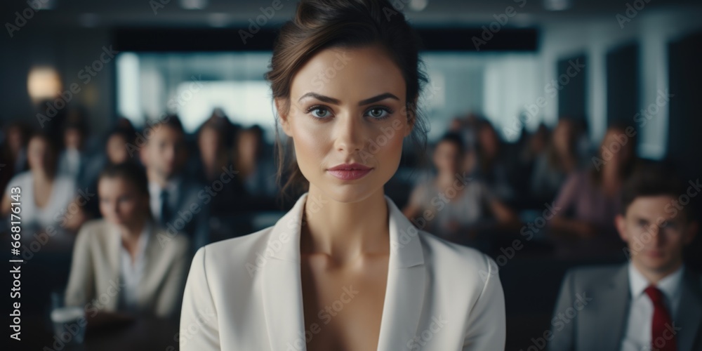 A woman confidently stands in front of a diverse group of people. This image can be used to represent leadership, teamwork, or public speaking opportunities. A woman confidently stands in front of a diverse group of people. This image can be used to represent leadership, teamwork, or public speaking opportunities.