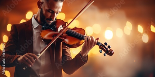 A professional man dressed in a suit playing a violin. Suitable for music-related projects and events.