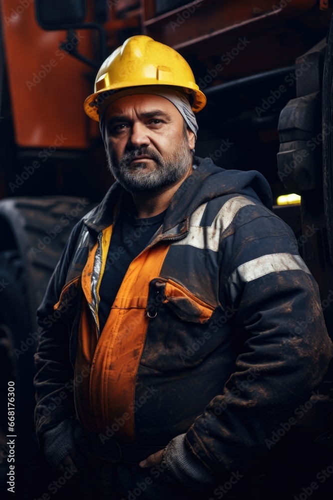 A man wearing a hard hat stands confidently in front of a truck. This image can be used to portray construction work, transportation, or industrial themes. A man wearing a hard hat stands confidently in front of a truck. This image can be used to portray construction work, transportation, or industrial themes.
