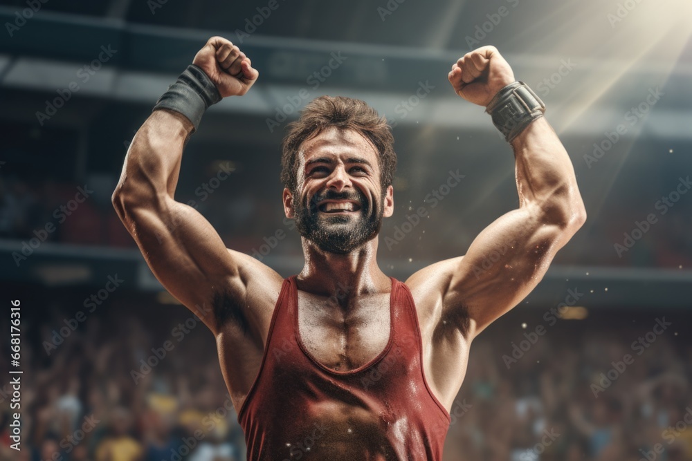 Obraz premium A man wearing a red tank top confidently raises his fist in the air. This powerful image can be used to convey determination, strength, and empowerment.