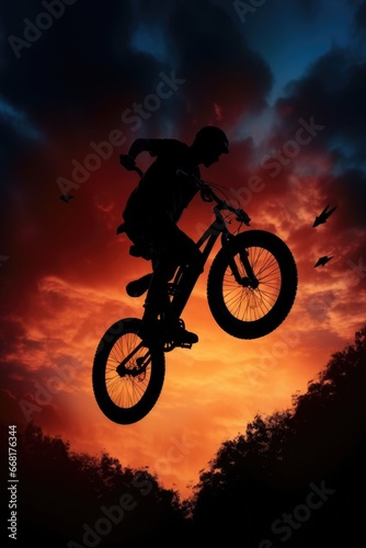 A person on a bike performing an impressive trick in the air. 