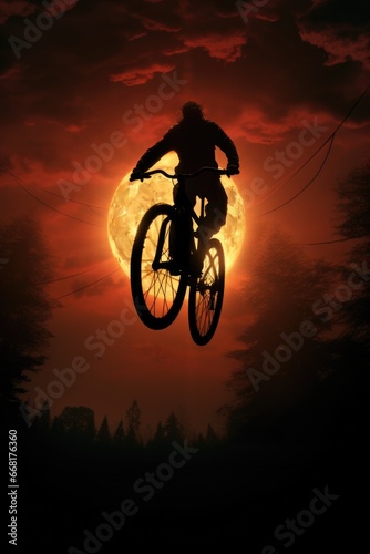 A person is captured riding a bike in mid-air. This image can be used to depict freedom, adventure, and a sense of defying gravity.