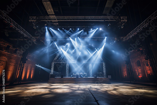 A concert stage with an industrial vibe. Exposed brick walls, metal trusses, sophite lights © zakiroff