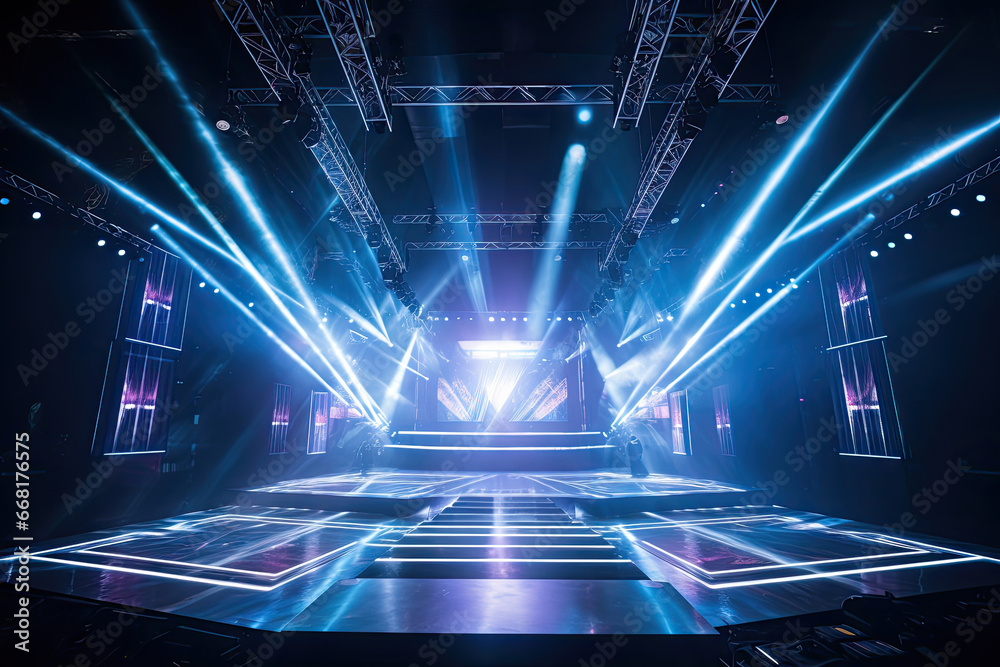 LED panels stage with holographic displays, and sleek metallic structures. - obrazy, fototapety, plakaty 