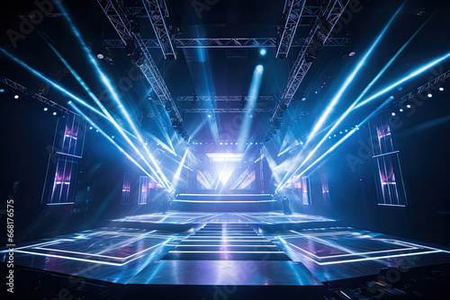 LED panels stage with holographic displays, and sleek metallic structures.