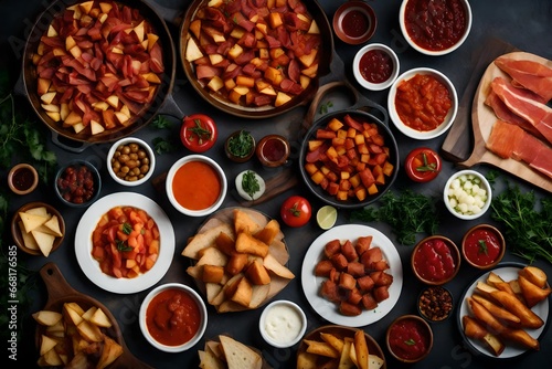 An overhead shot of a traditional tapas spread with various dishes like patatas bravas, jamón ibérico, and chorizo, taken with a 35mm lens, a colorful and flavorful Spanish fiesta